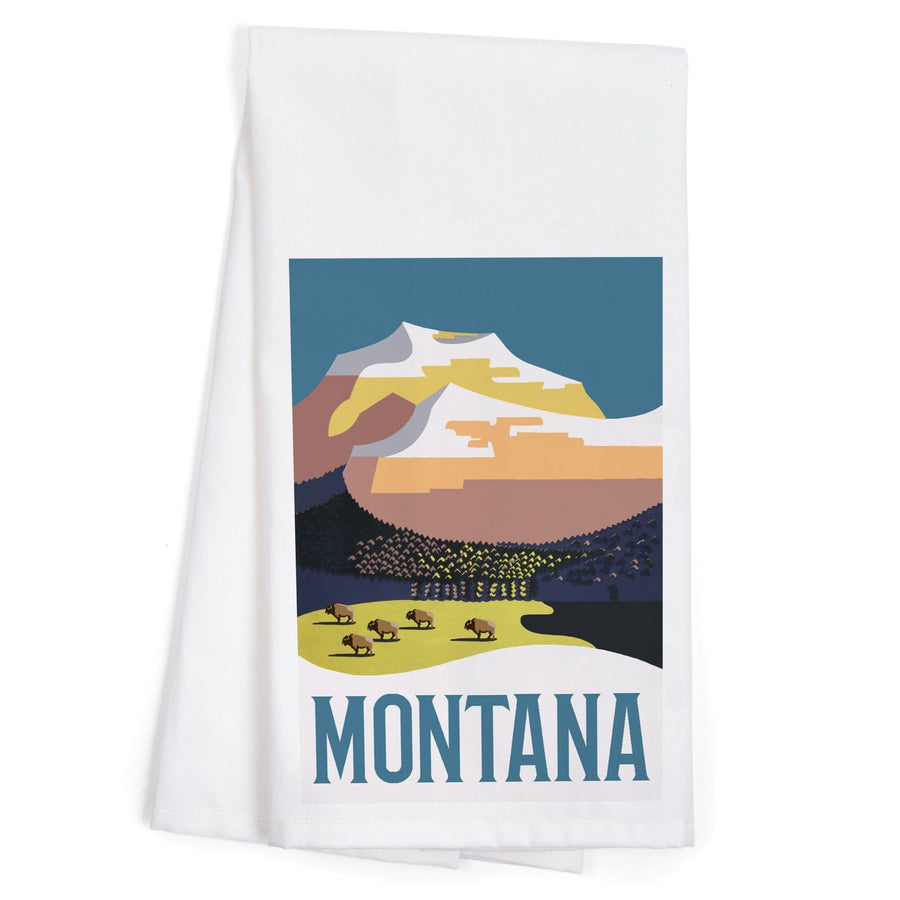 Montana, Mountain Scene with Buffalo, Organic Cotton Kitchen Tea Towels Kitchen Lantern Press 