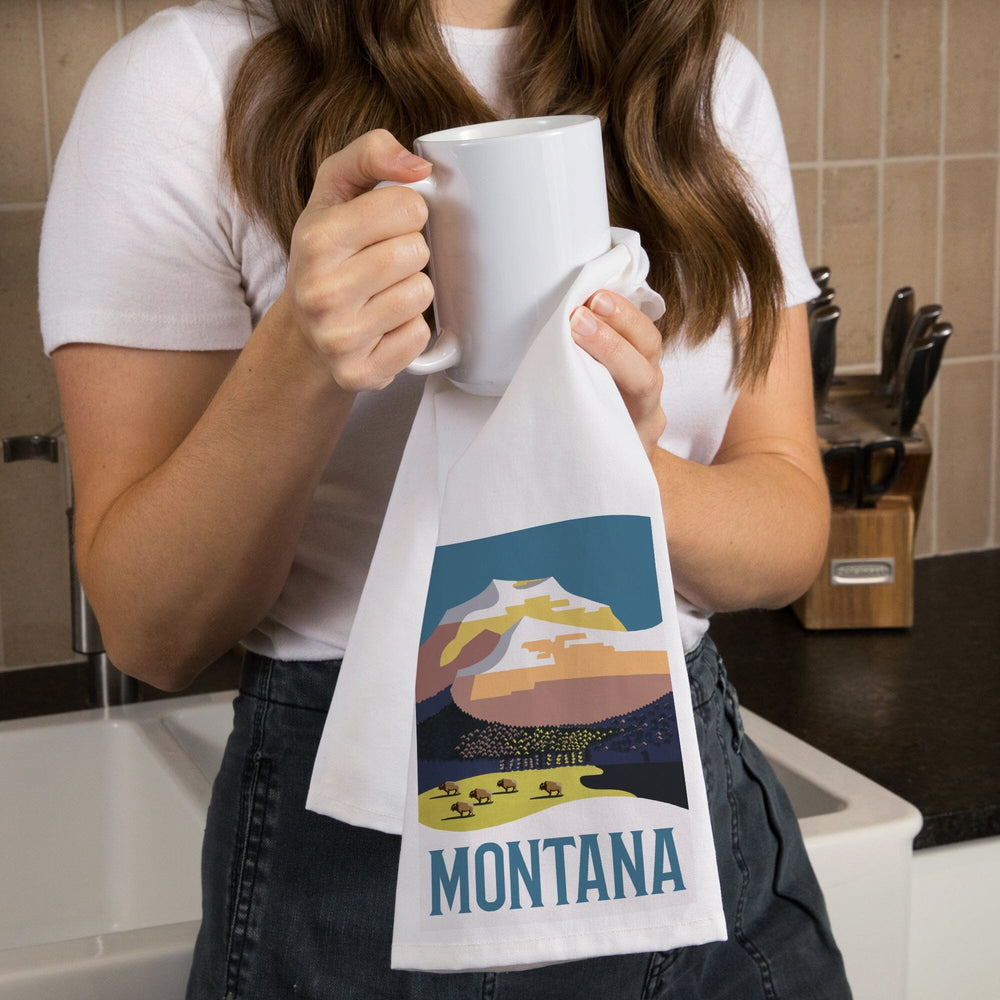 Montana, Mountain Scene with Buffalo, Organic Cotton Kitchen Tea Towels Kitchen Lantern Press 