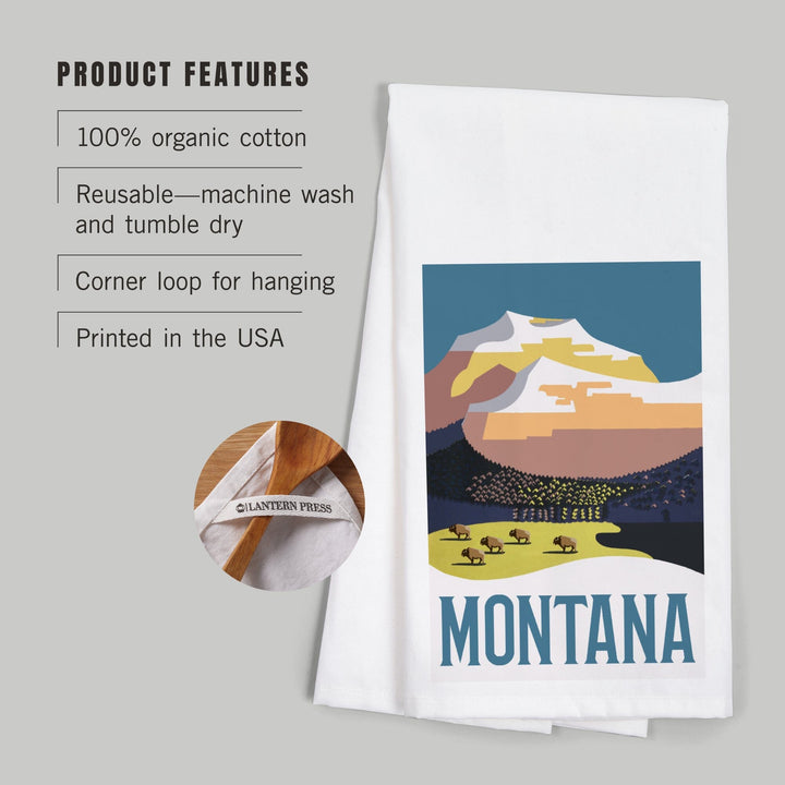 Montana, Mountain Scene with Buffalo, Organic Cotton Kitchen Tea Towels Kitchen Lantern Press 
