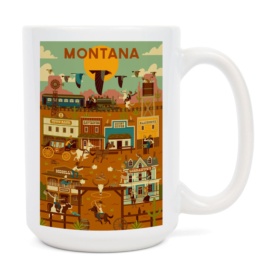 Montana, Old Town, Geometric Lantern Press Artwork, Ceramic Mug Mugs Lantern Press 