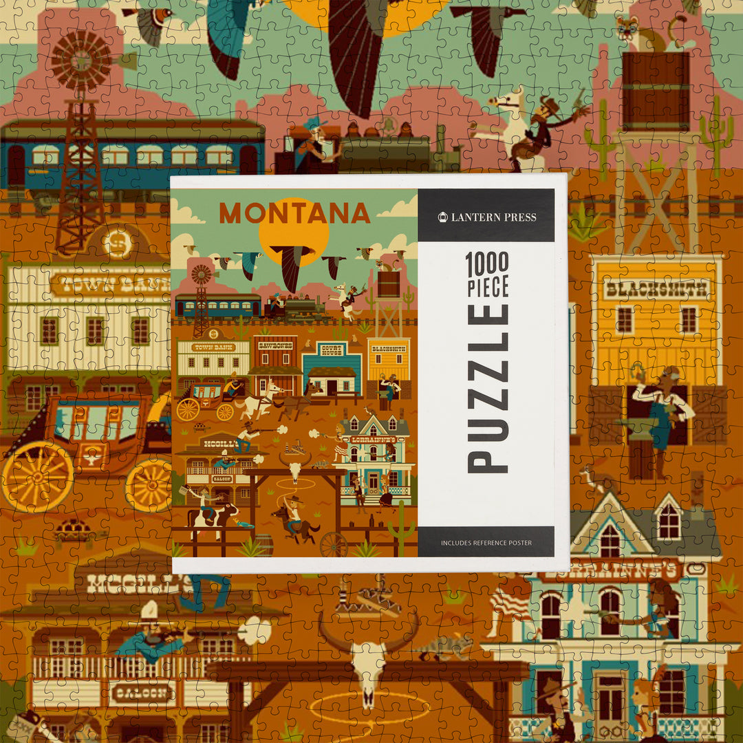 Montana, Old Town, Geometric Lantern Press Artwork, Jigsaw Puzzle Puzzle Lantern Press 