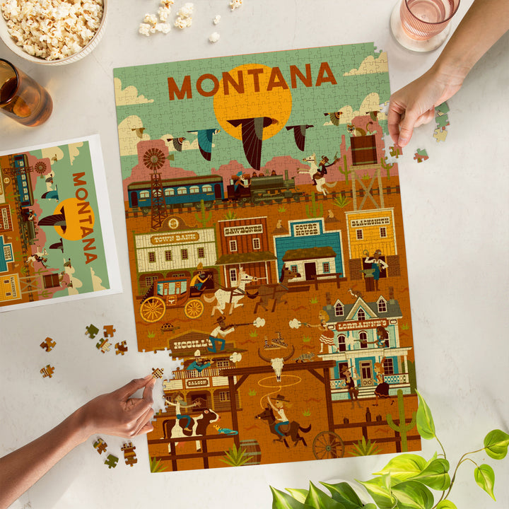 Montana, Old Town, Geometric Lantern Press Artwork, Jigsaw Puzzle Puzzle Lantern Press 