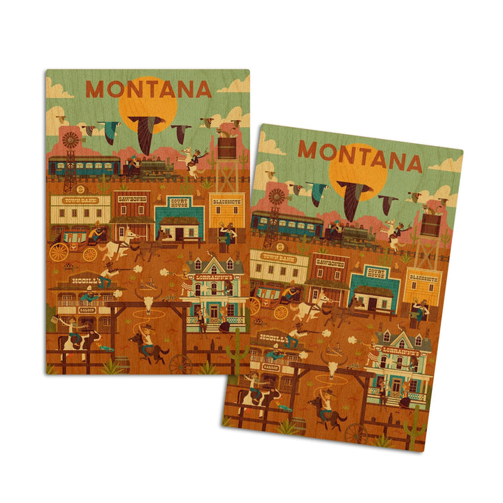 Montana, Old Town, Geometric Lantern Press Artwork, Wood Signs and Postcards Wood Lantern Press 4x6 Wood Postcard Set 