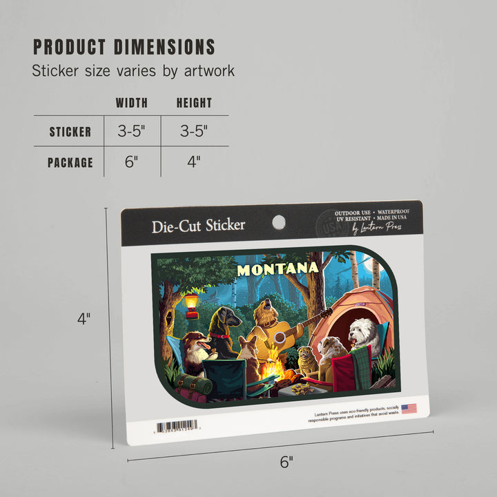 Montana, Painterly, Pack Life, Dogs Around Campfire, Vinyl Sticker Sticker Lantern Press 