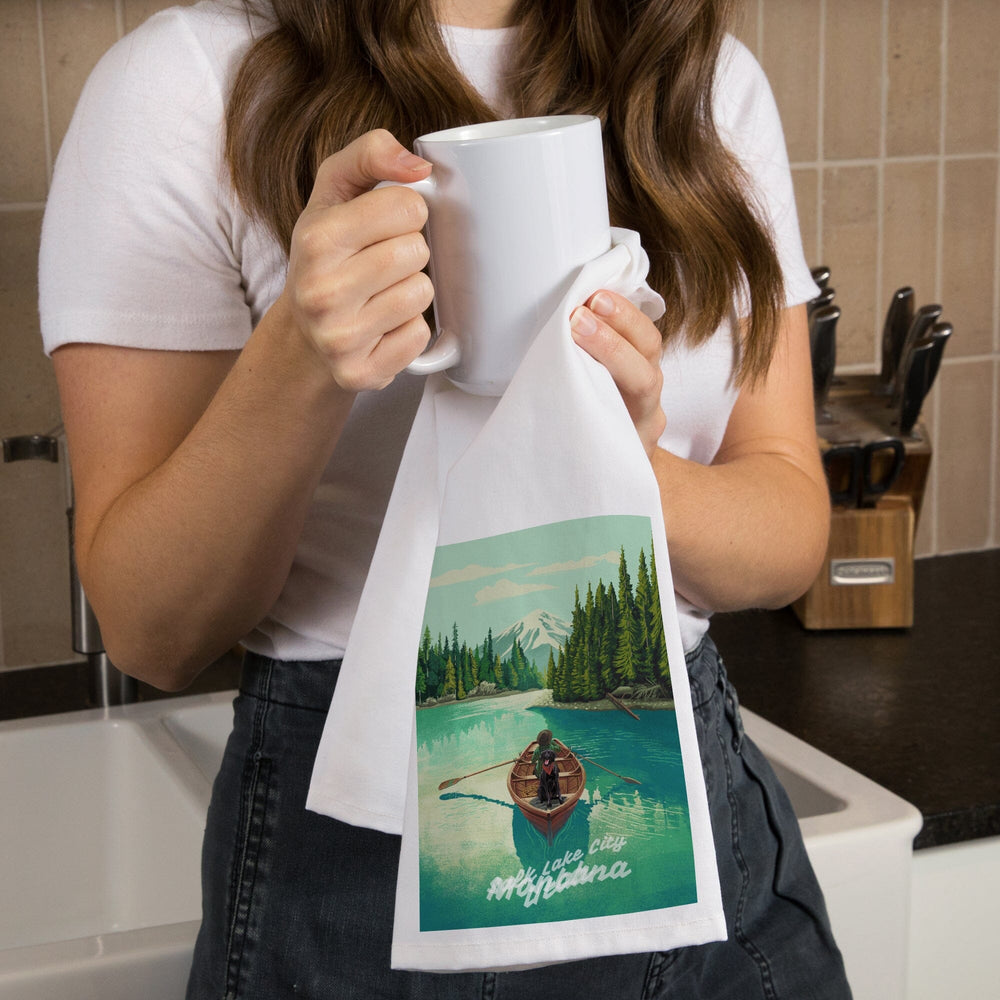 Montana, Quiet Explorer, Boating, Mountain, Organic Cotton Kitchen Tea Towels Kitchen Lantern Press 