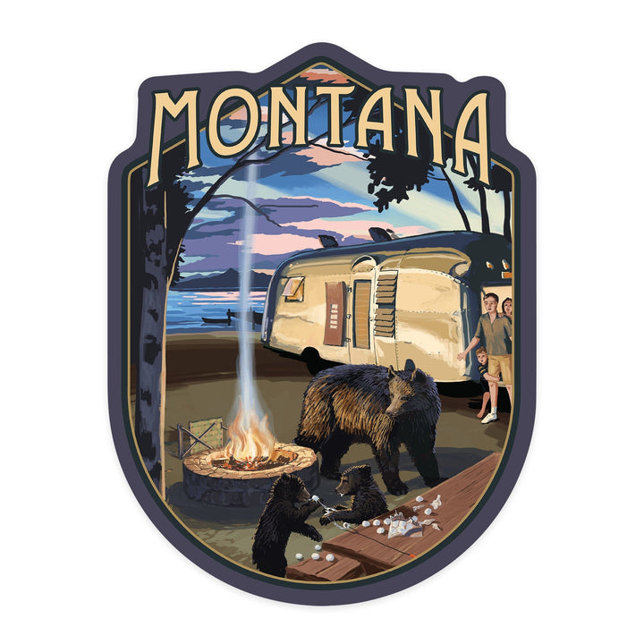 Montana, Retro Camper and Lake with Bear Family, Contour, Vinyl Sticker Sticker Lantern Press 