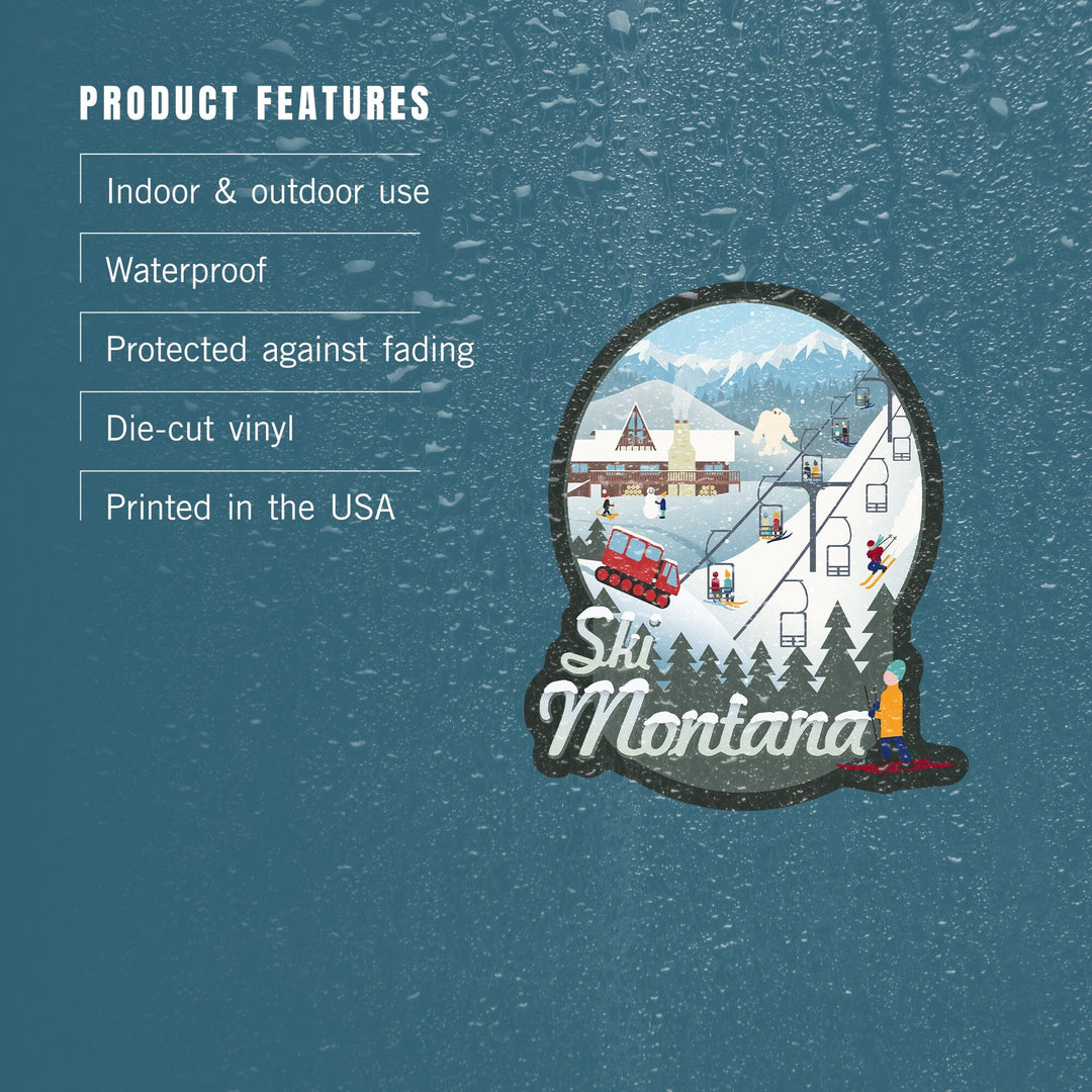 Montana, Retro Scene Ski Resort, Contour, Vinyl Sticker Sticker Lantern Press 