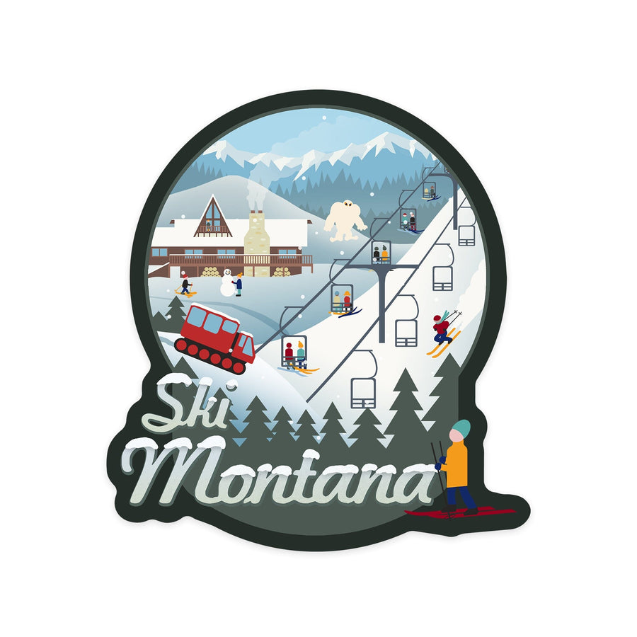 Montana, Retro Scene Ski Resort, Contour, Vinyl Sticker Sticker Lantern Press 