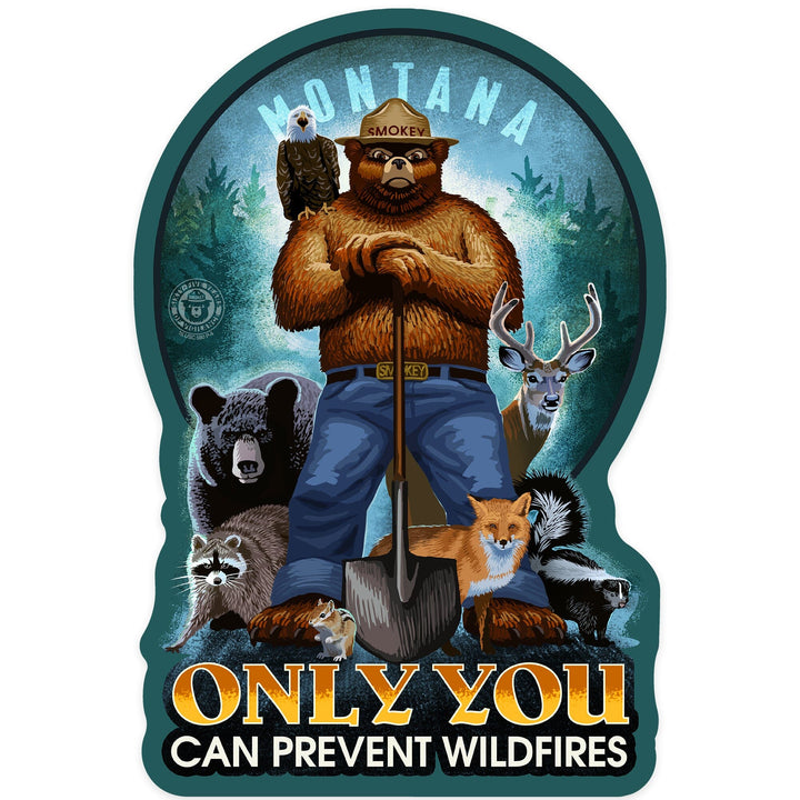 Montana, Smokey Bear and Friends, Only You Can Prevent Wildfires, Contour, Vinyl Sticker Sticker Lantern Press 