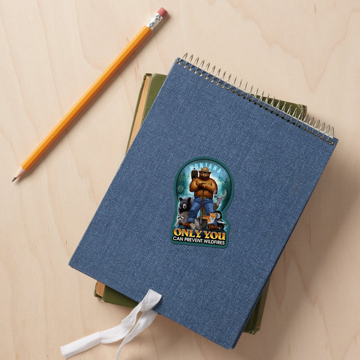 Montana, Smokey Bear and Friends, Only You Can Prevent Wildfires, Contour, Vinyl Sticker Sticker Lantern Press 