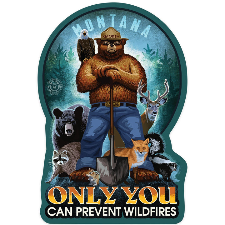 Montana, Smokey Bear, Only You Can Prevent Wildfires, Contour, Vinyl Sticker Sticker Lantern Press 