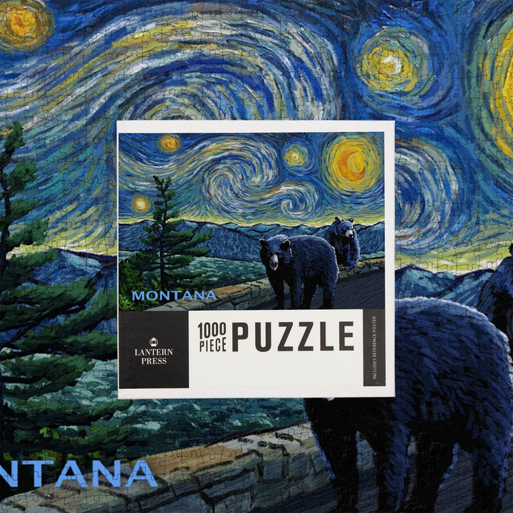 Montana, Starry Night, Black Bears, Jigsaw Puzzle Puzzle Lantern Press 
