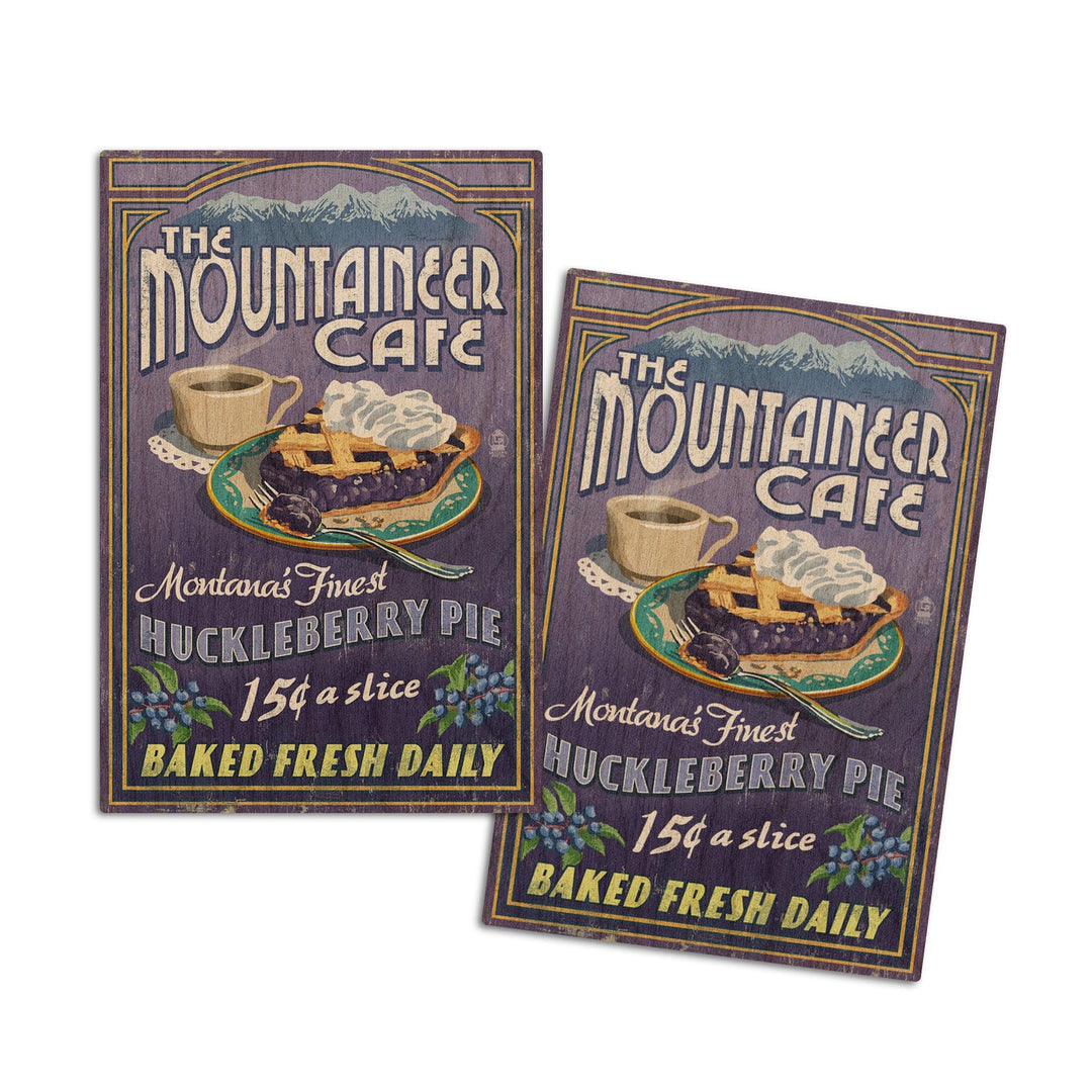 Montana, The Mountaineer Cafe, Huckleberry Pie Vintage Sign, Lantern Press Artwork, Wood Signs and Postcards Wood Lantern Press 4x6 Wood Postcard Set 