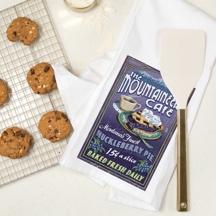 Montana, The Mountaineer Cafe, Huckleberry Pie Vintage Sign, Organic Cotton Kitchen Tea Towels Kitchen Lantern Press 