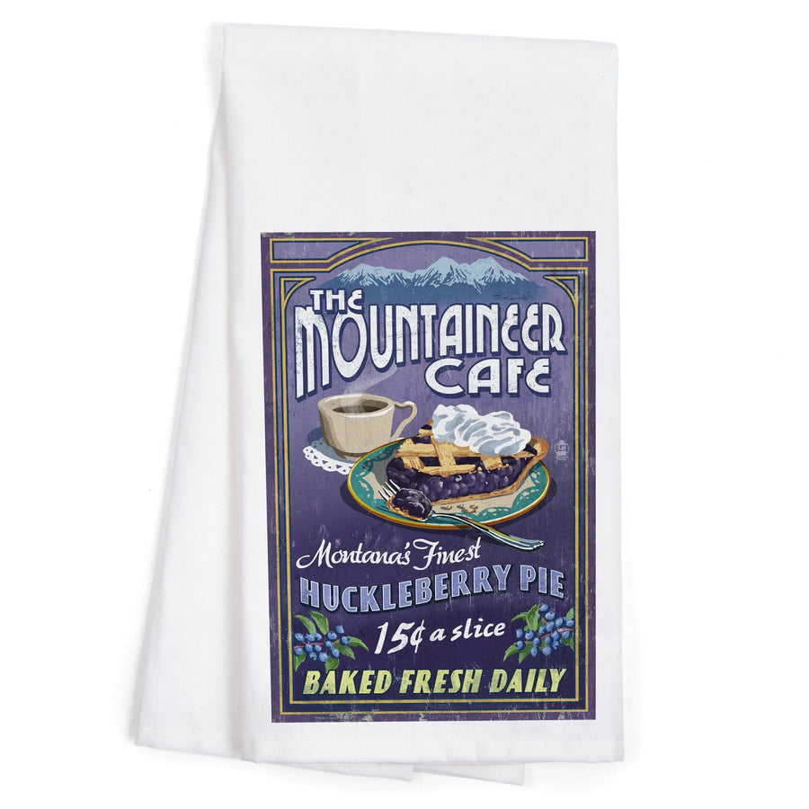Montana, The Mountaineer Cafe, Huckleberry Pie Vintage Sign, Organic Cotton Kitchen Tea Towels Kitchen Lantern Press 