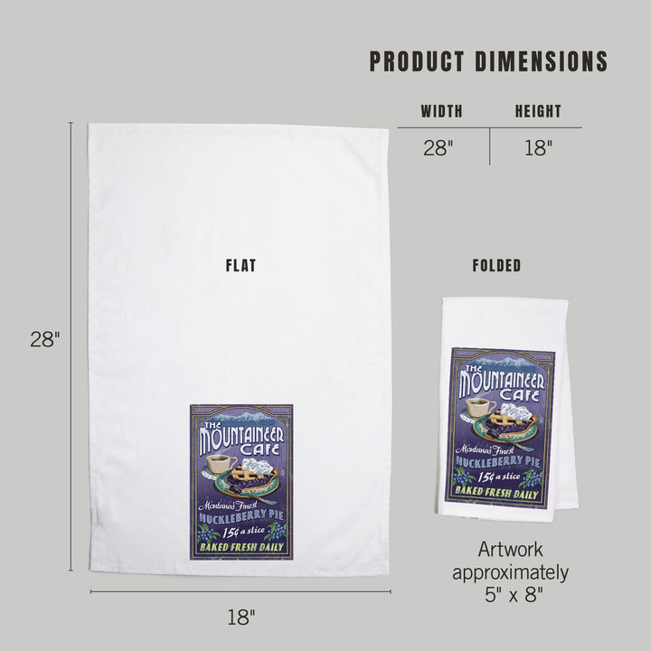 Montana, The Mountaineer Cafe, Huckleberry Pie Vintage Sign, Organic Cotton Kitchen Tea Towels Kitchen Lantern Press 