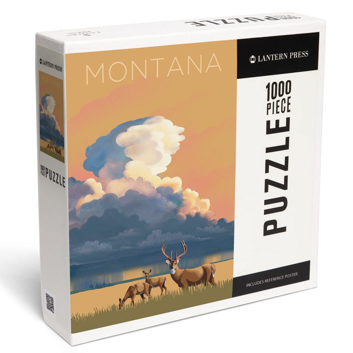 Montana, White-tailed Deer and Rain Cloud, Lithograph, Jigsaw Puzzle Puzzle Lantern Press 