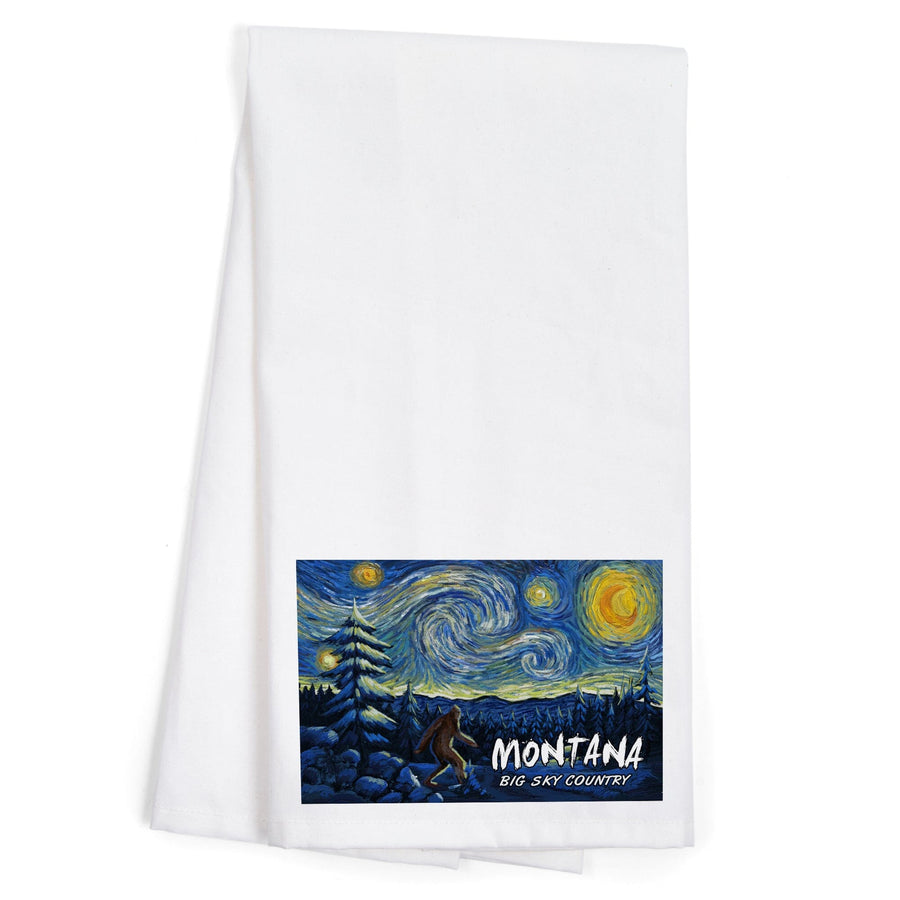 Montana, Winter Bigfoot, Van Gogh Starry Night, Organic Cotton Kitchen Tea Towels Kitchen Lantern Press 