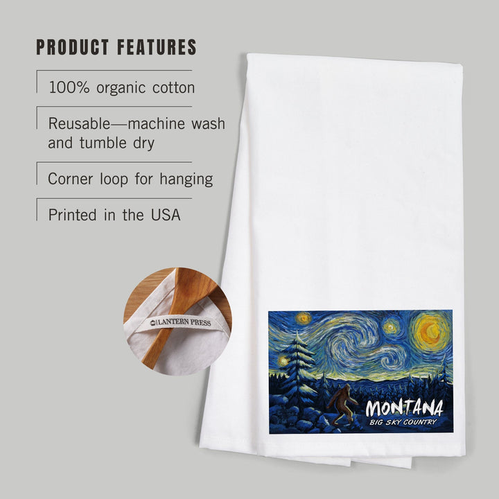 Montana, Winter Bigfoot, Van Gogh Starry Night, Organic Cotton Kitchen Tea Towels Kitchen Lantern Press 