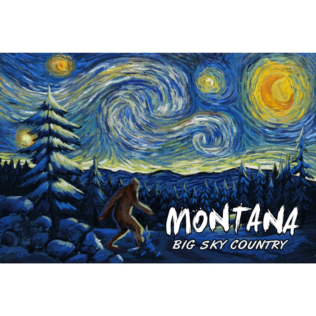 Montana, Winter Bigfoot, Van Gogh Starry Night, Stretched Canvas Canvas Lantern Press 