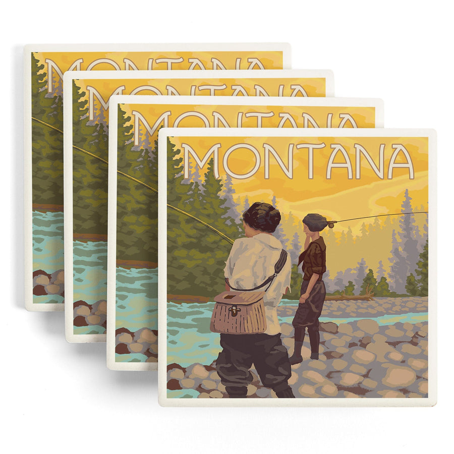 Montana, Women Fly Fishing, Lantern Press Artwork, Coaster Set Coasters Lantern Press 