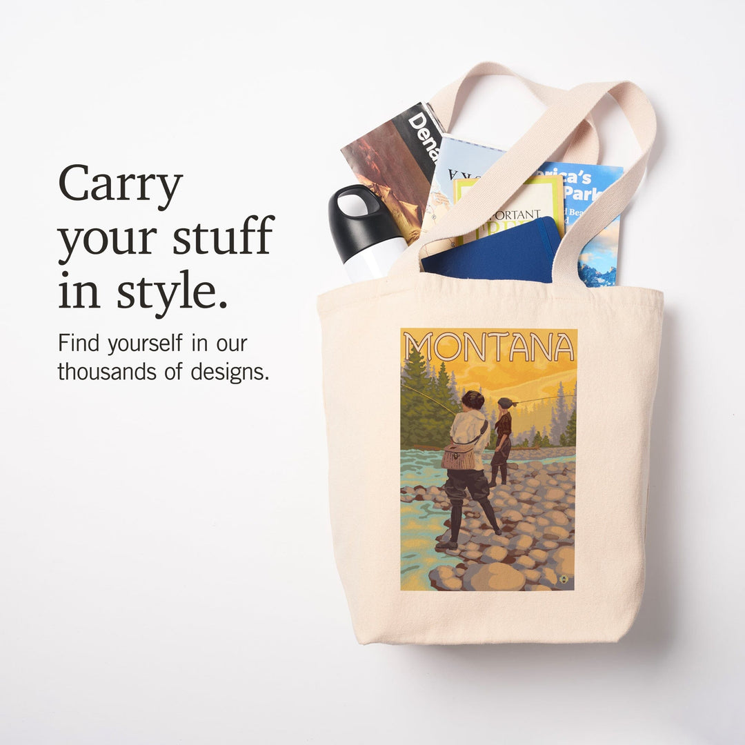 Montana, Women Fly Fishing, Tote Bag Totes Lantern Press 