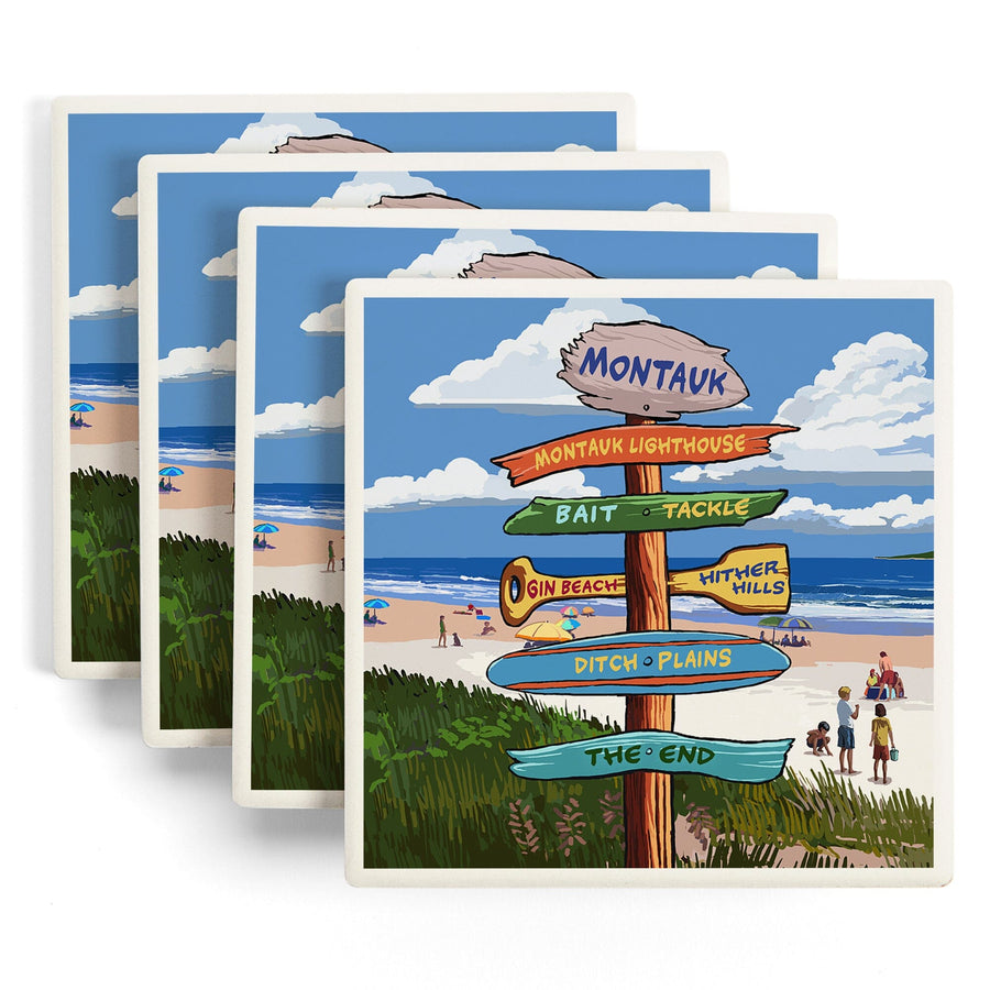 Montauk, New York, Destination Signpost, Lantern Press Artwork, Coaster Set Coasters Lantern Press 