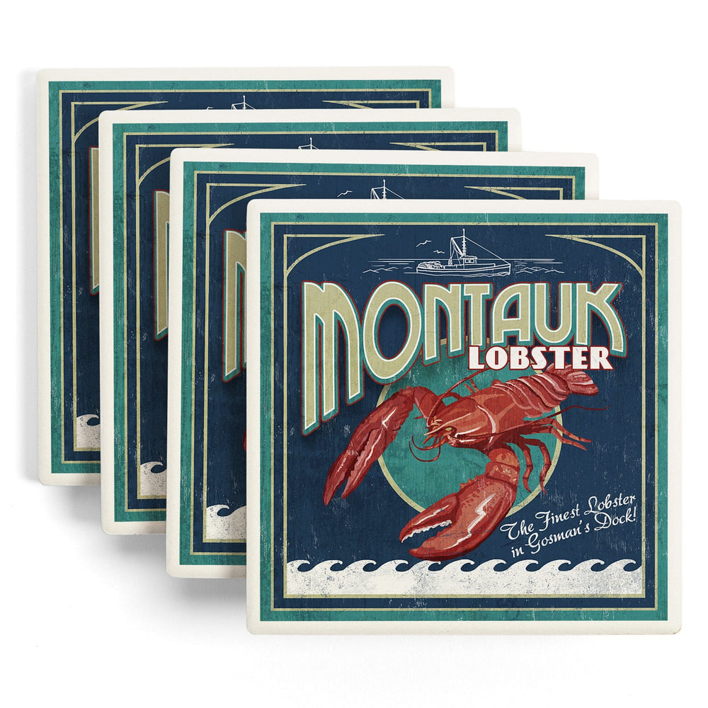 Montauk, New York, Lobster Vintage Sign, Coasters Coasters Lantern Press 
