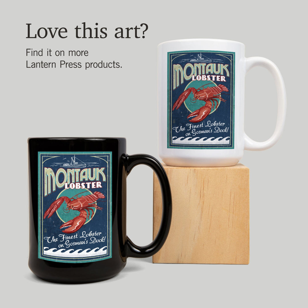 Montauk, New York, Lobster Vintage Sign, Lantern Press Artwork, Ceramic Mug Mugs Lantern Press 