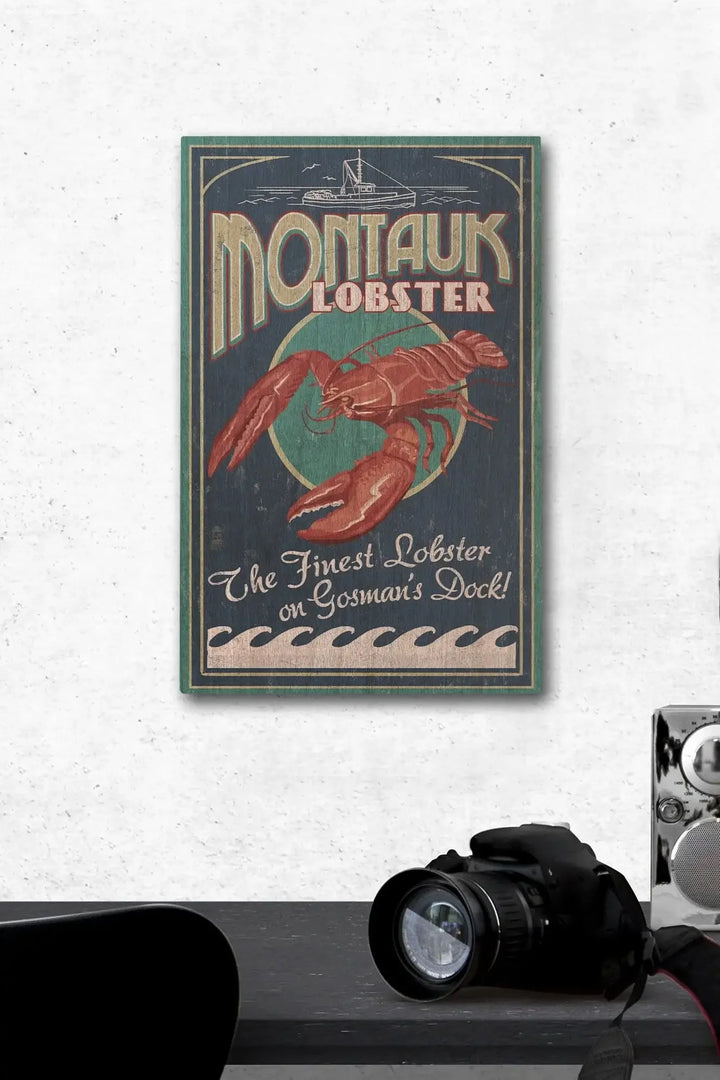 Montauk, New York, Lobster Vintage Sign, Lantern Press Artwork, Wood Signs and Postcards Wood Lantern Press 12 x 18 Wood Gallery Print 
