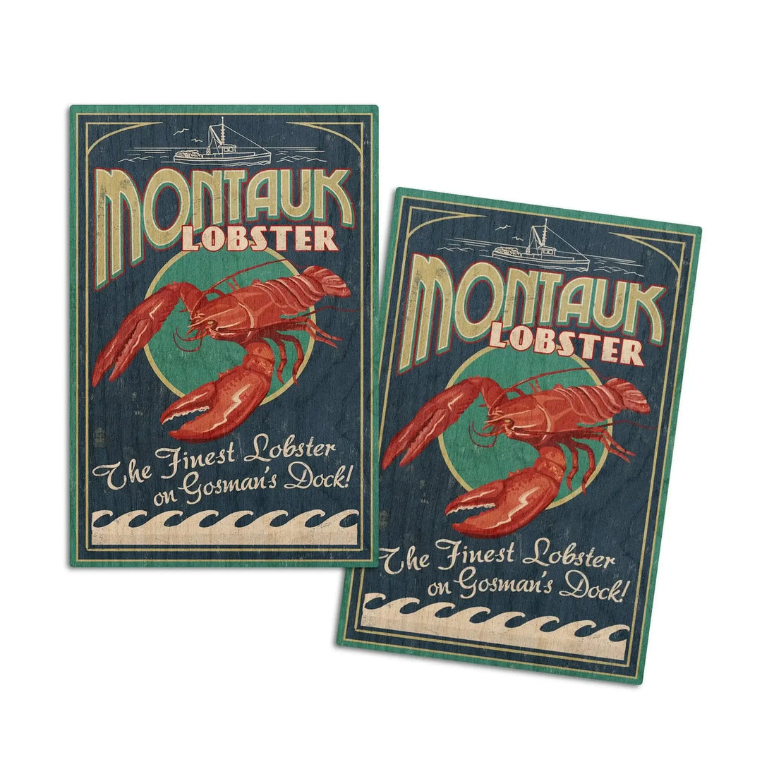 Montauk, New York, Lobster Vintage Sign, Lantern Press Artwork, Wood Signs and Postcards Wood Lantern Press 4x6 Wood Postcard Set 