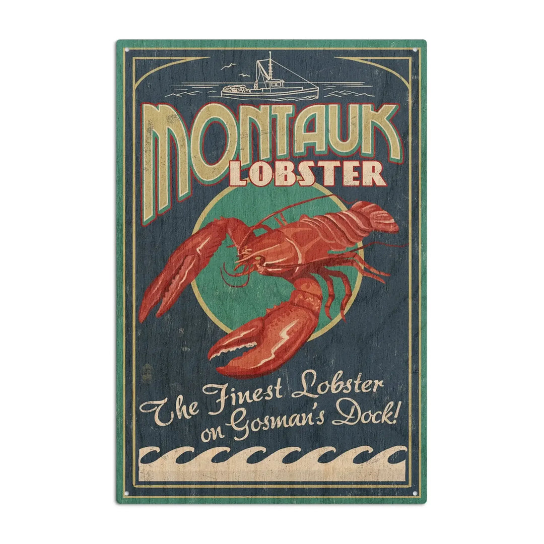 Montauk, New York, Lobster Vintage Sign, Lantern Press Artwork, Wood Signs and Postcards Wood Lantern Press 6x9 Wood Sign 