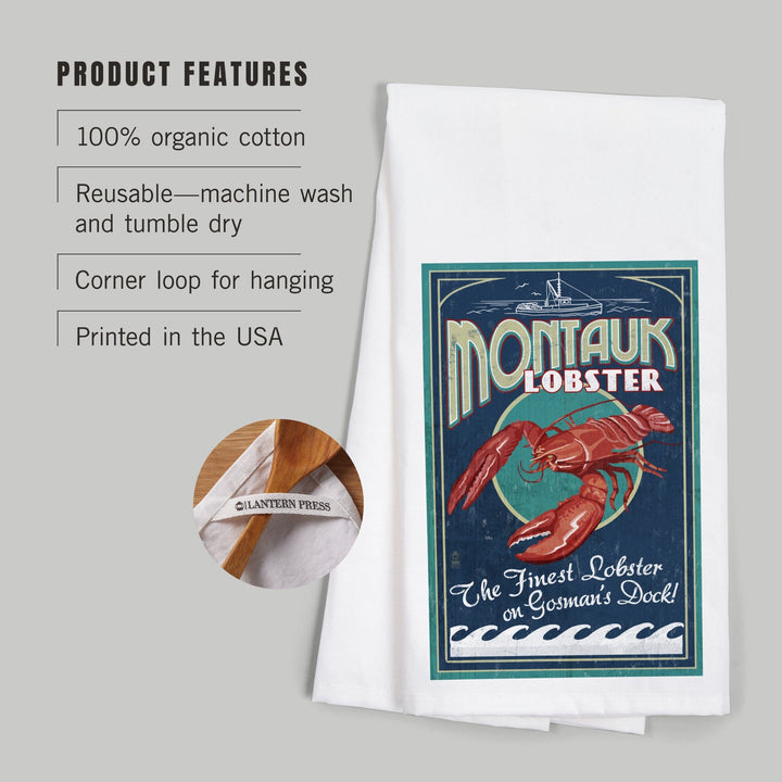 Montauk, New York, Lobster Vintage Sign, Organic Cotton Kitchen Tea Towels Kitchen Lantern Press 