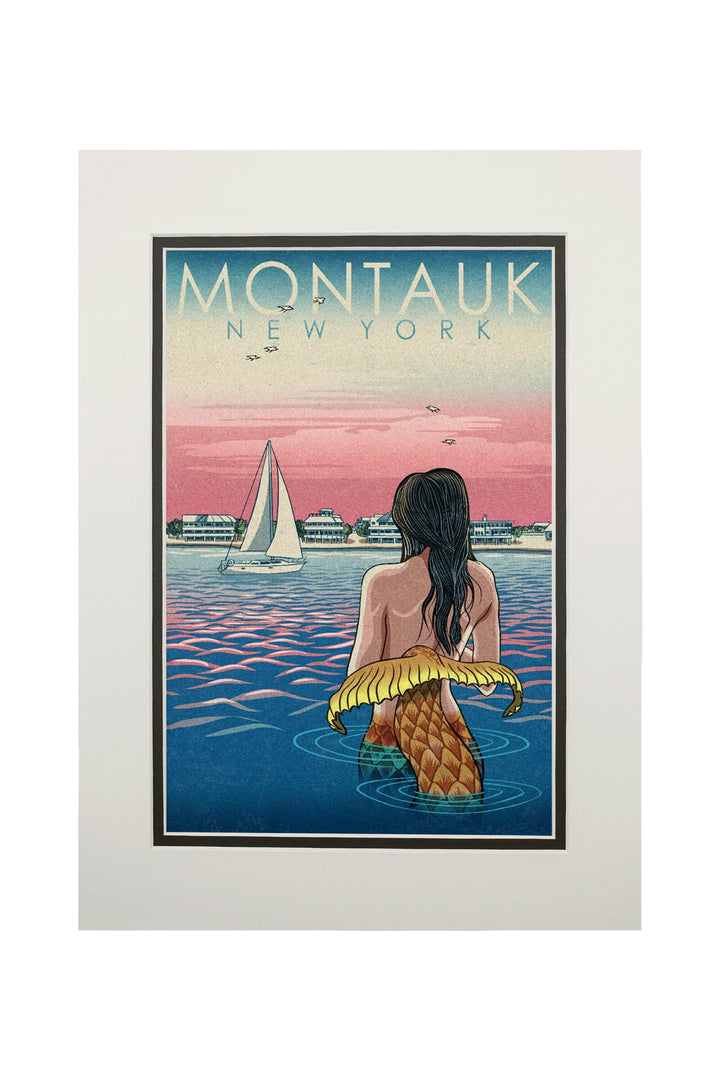 Montauk, New York, Mermaid and Beach, Woodblock Print, Art & Giclee Prints Art Lantern Press 11 x 14 Matted Art Print 