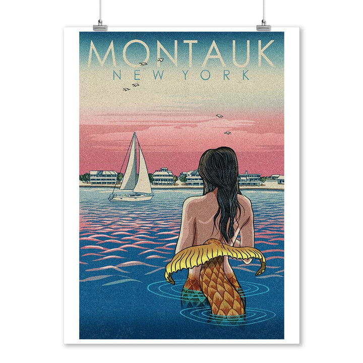 Montauk, New York, Mermaid and Beach, Woodblock Print, Art & Giclee Prints Art Lantern Press 12 x 18 Art Print 