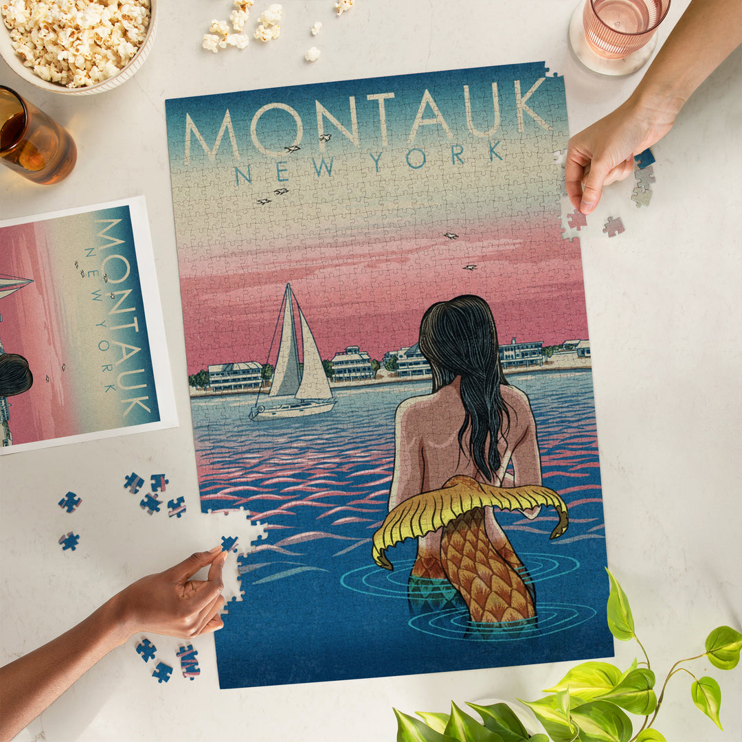 Montauk, New York, Mermaid and Beach, Woodblock Print, Jigsaw Puzzle Puzzle Lantern Press 