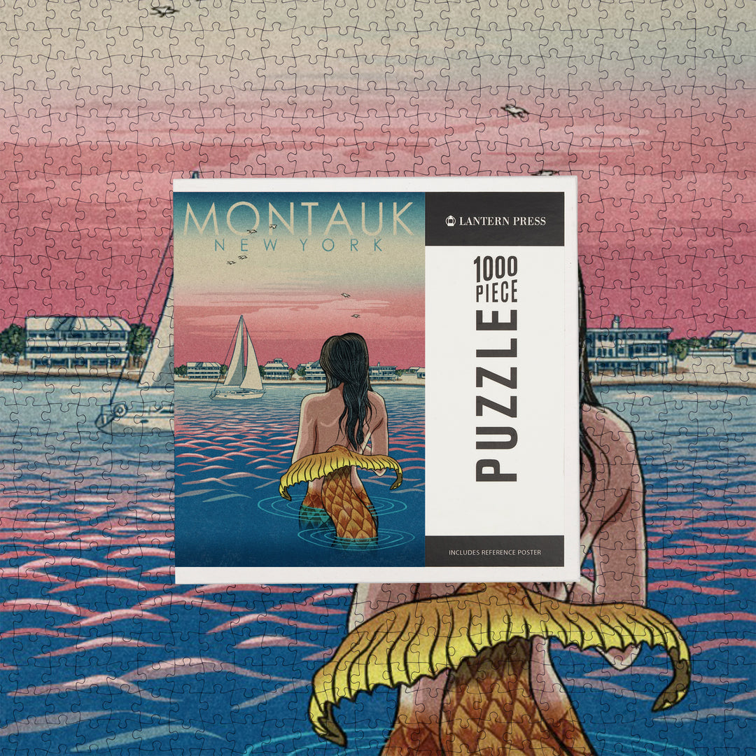 Montauk, New York, Mermaid and Beach, Woodblock Print, Jigsaw Puzzle Puzzle Lantern Press 
