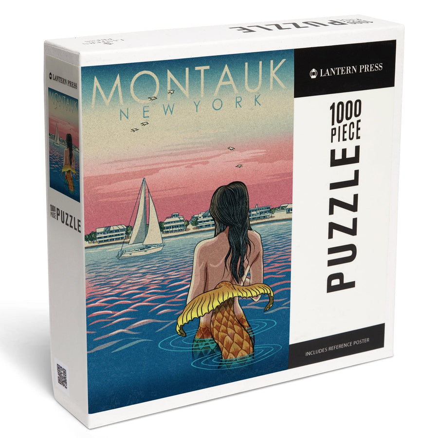 Montauk, New York, Mermaid and Beach, Woodblock Print, Jigsaw Puzzle Puzzle Lantern Press 