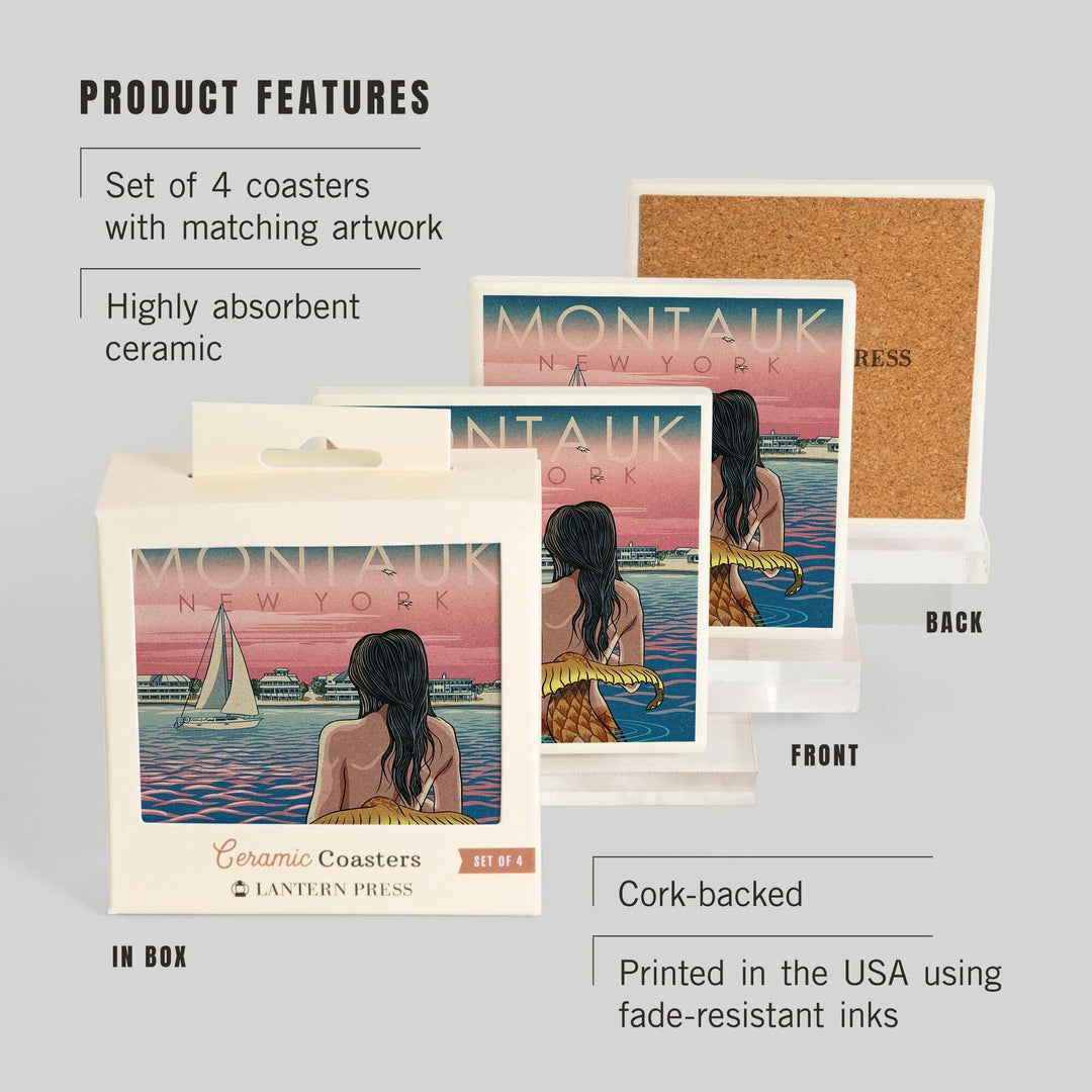 Montauk, New York, Mermaid & Beach, Woodblock Print, Lantern Press Artwork, Coaster Set Coasters Lantern Press 