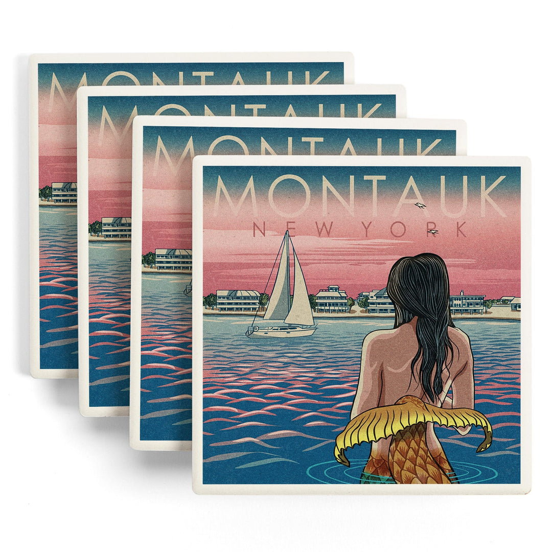 Montauk, New York, Mermaid & Beach, Woodblock Print, Lantern Press Artwork, Coaster Set Coasters Lantern Press 