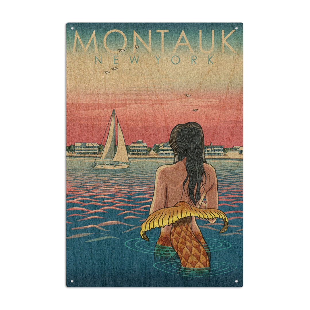 Montauk, New York, Mermaid & Beach, Woodblock Print, Lantern Press Artwork, Wood Signs and Postcards Wood Lantern Press 10 x 15 Wood Sign 