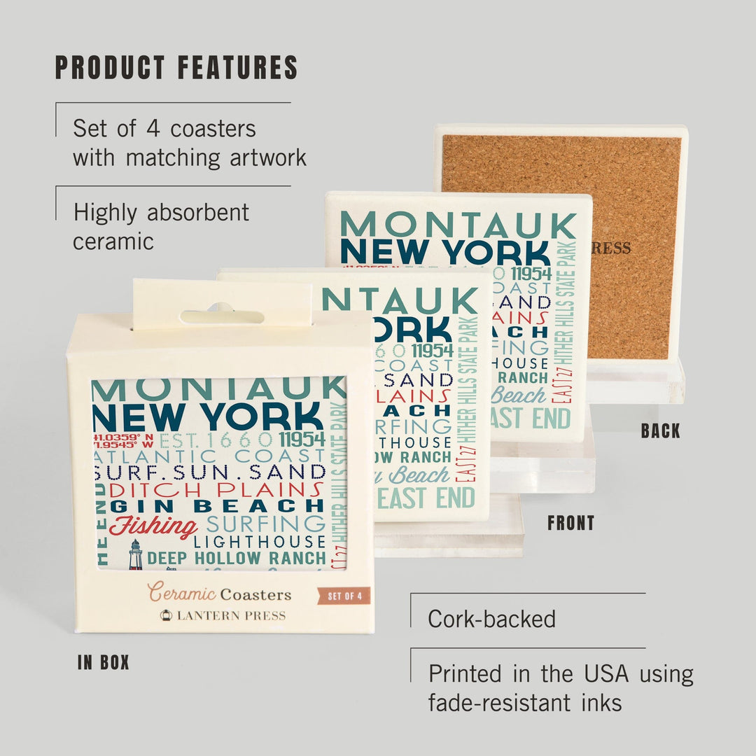 Montauk, New York, Typography, Lantern Press Artwork, Coaster Set Coasters Lantern Press 