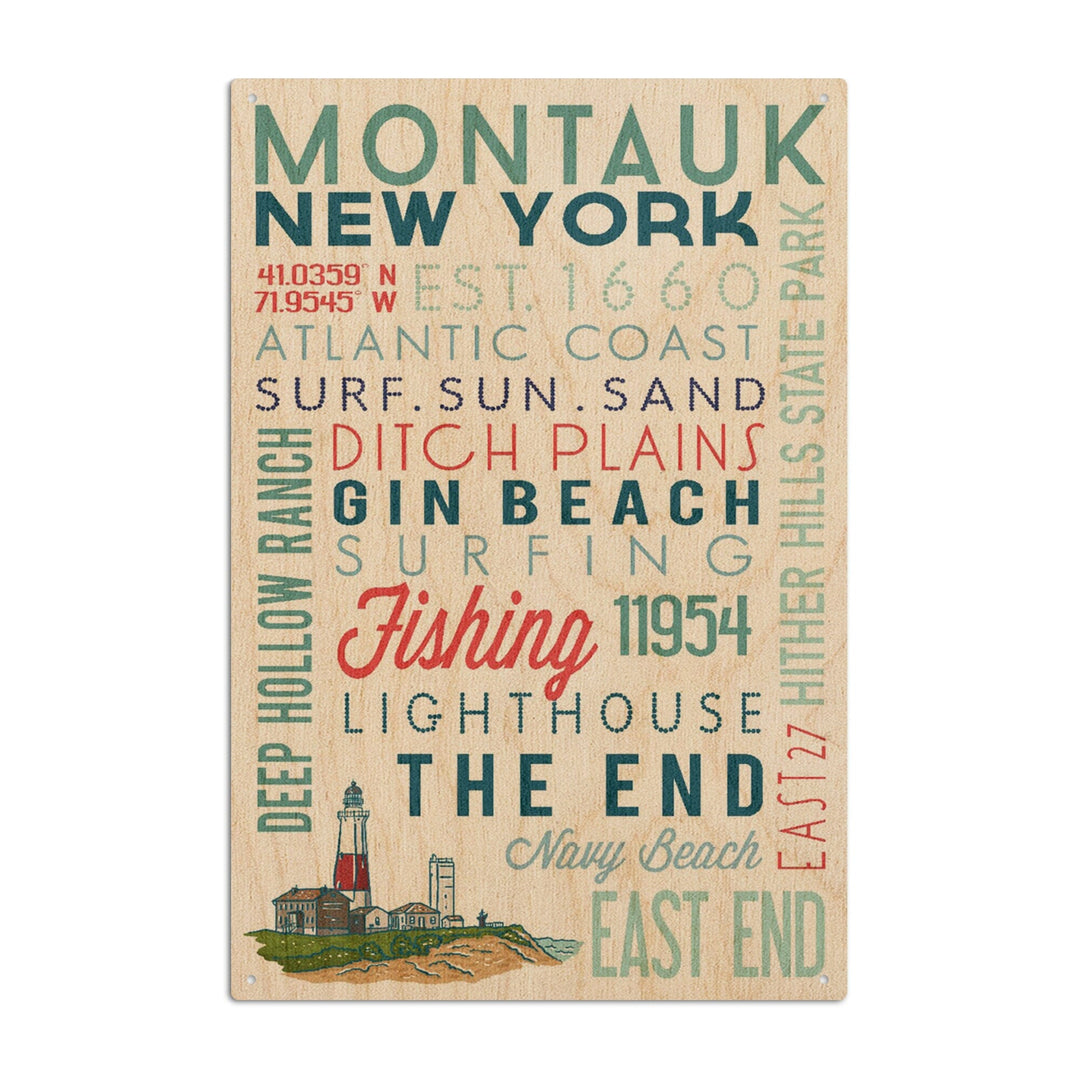 Montauk, New York, Typography, Lantern Press Artwork, Wood Signs and Postcards Wood Lantern Press 10 x 15 Wood Sign 