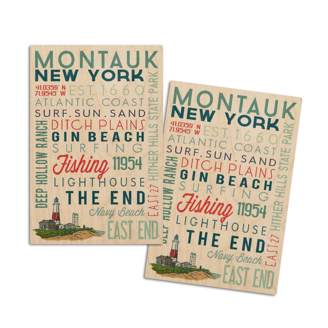 Montauk, New York, Typography, Lantern Press Artwork, Wood Signs and Postcards Wood Lantern Press 4x6 Wood Postcard Set 