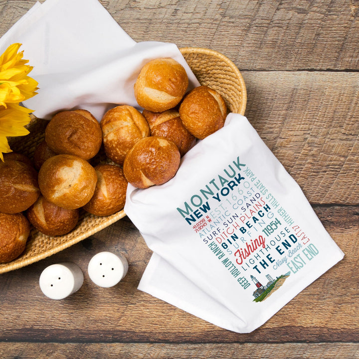 Montauk, New York, Typography, Organic Cotton Kitchen Tea Towels Kitchen Lantern Press 