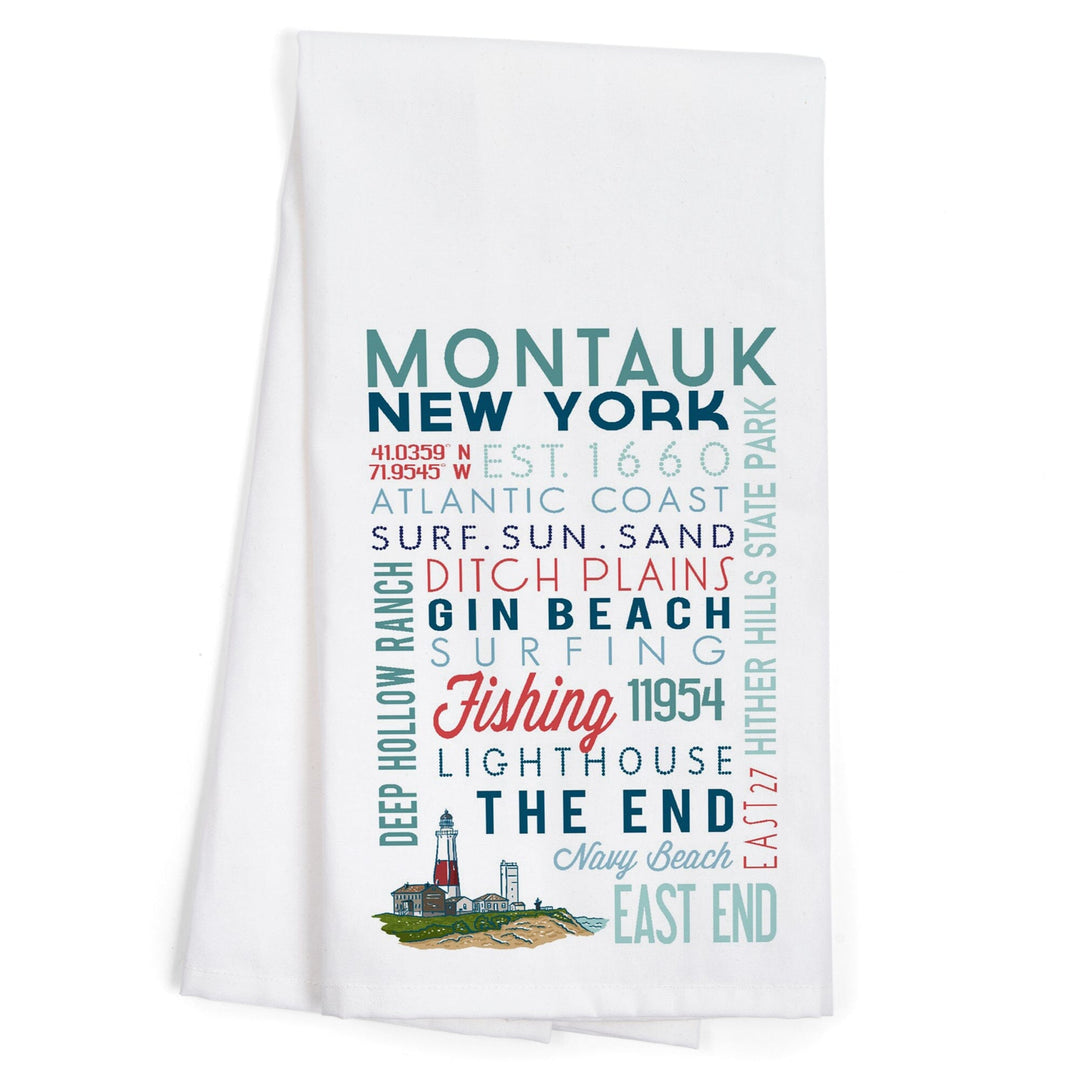 Montauk, New York, Typography, Organic Cotton Kitchen Tea Towels Kitchen Lantern Press 
