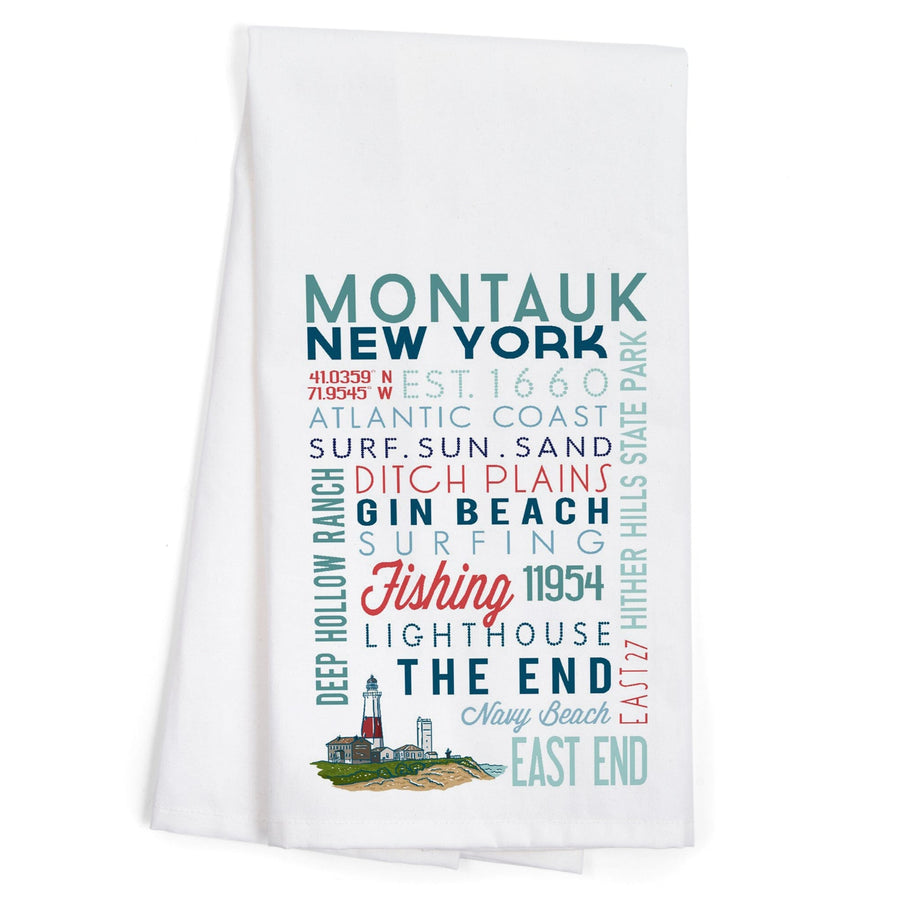 Montauk, New York, Typography, Organic Cotton Kitchen Tea Towels Kitchen Lantern Press 