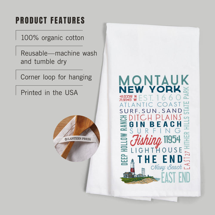 Montauk, New York, Typography, Organic Cotton Kitchen Tea Towels Kitchen Lantern Press 