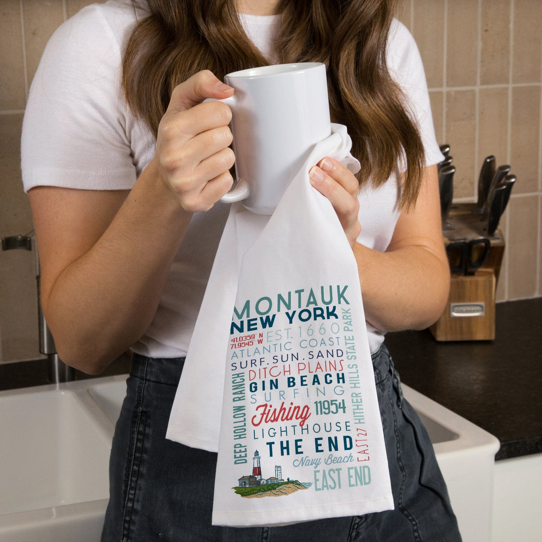Montauk, New York, Typography, Organic Cotton Kitchen Tea Towels Kitchen Lantern Press 