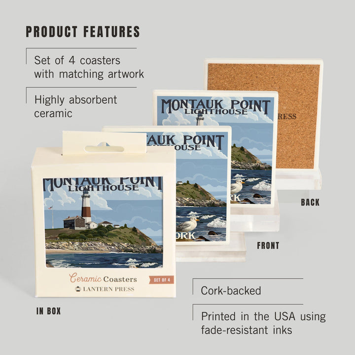 Montauk Point Lighthouse, New York, Lantern Press Artwork, Coaster Set Coasters Lantern Press 